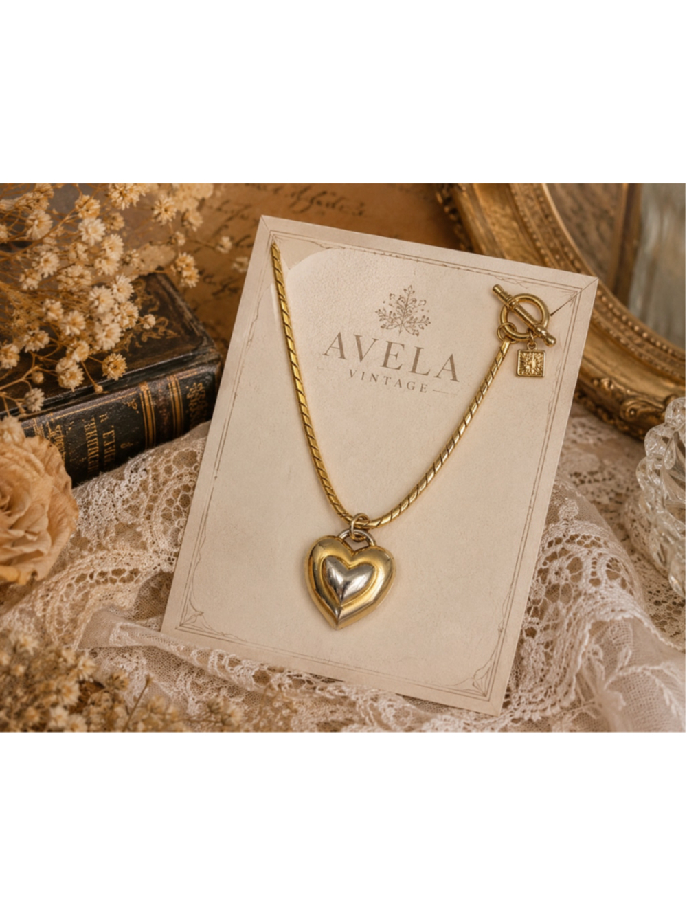 Vintage Anne Klein Gold Tone Snake Chain Puffy Heart Pendant Necklace 16"